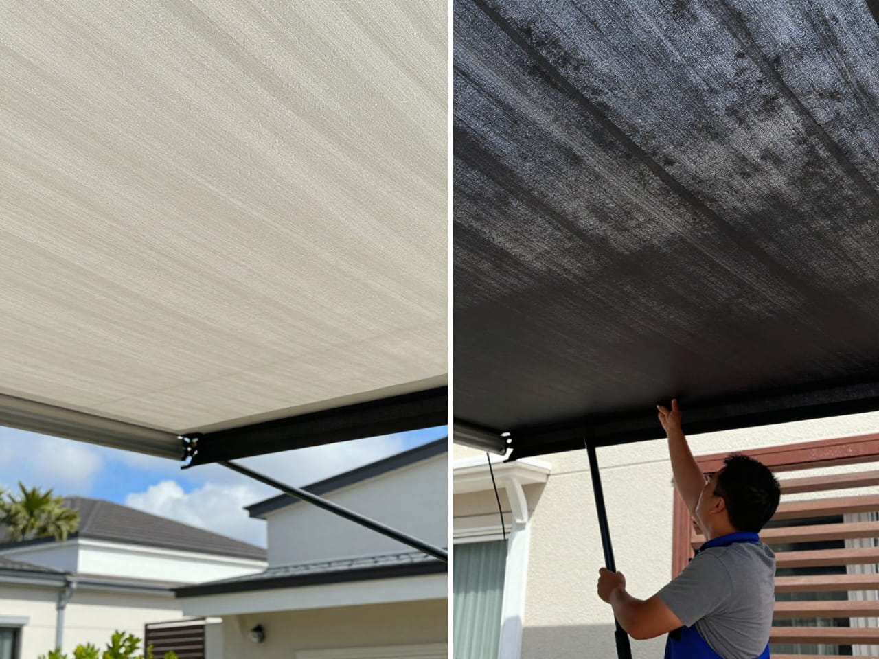 Dramatic before and after comparison of professional shade sail cleaning on a residential sail