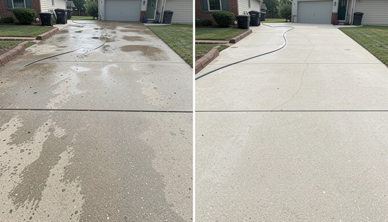Professional pressure cleaning of a concrete driveway in Brisbane showing before and after results.