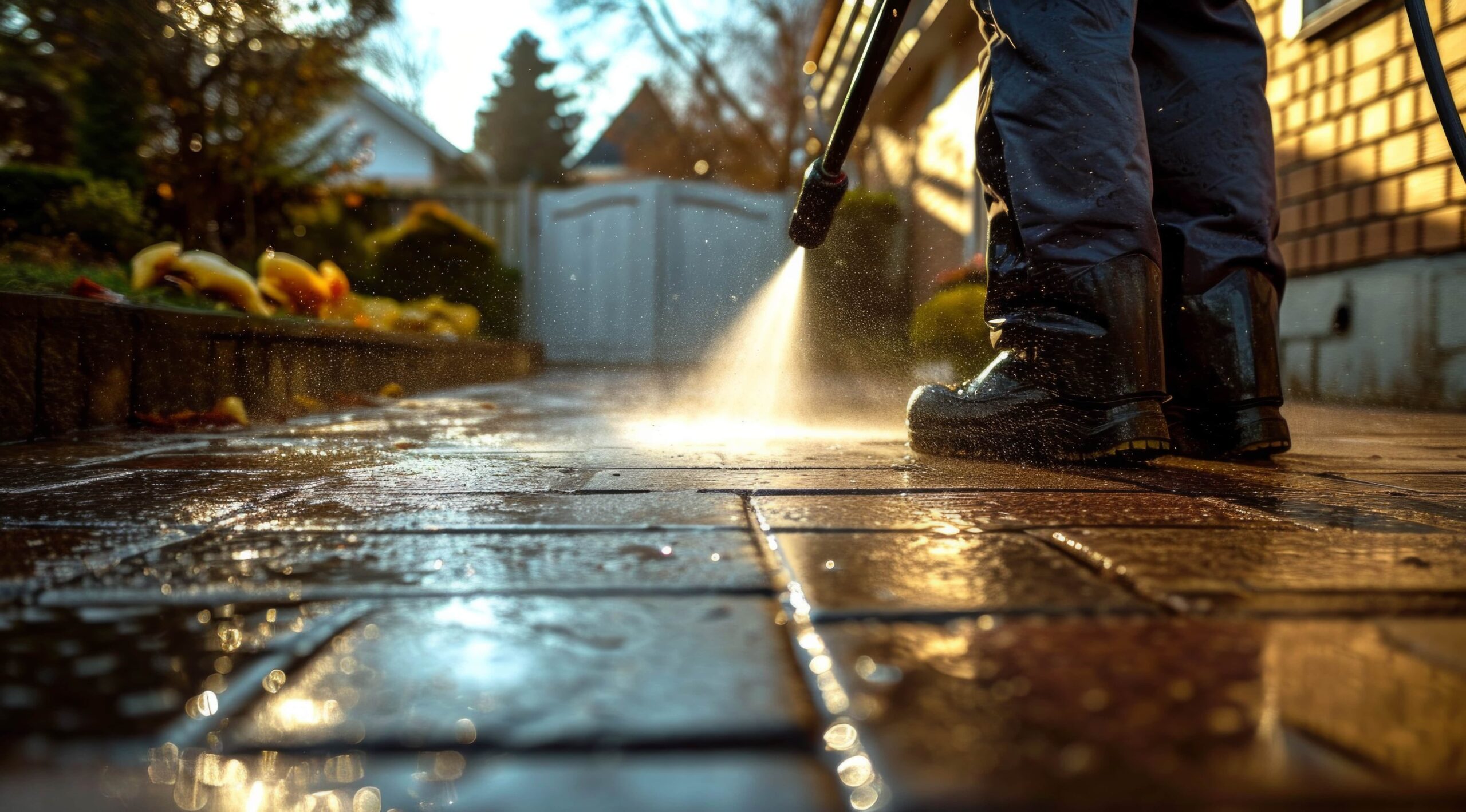 Professional pressure cleaning service restoring a Brisbane home's driveway and exterior surfaces.